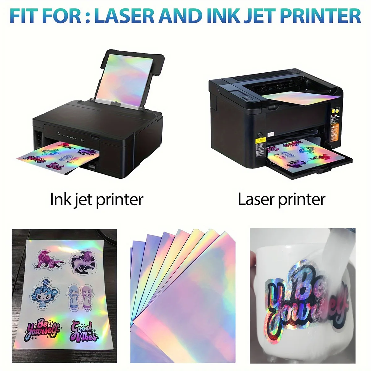 10 Sheets A4 Holographic Laser Paper, Waterproof PVC Self-Adhesive Vinyl Labels for Printer, Name Stickers, Office, Student & DI - 6