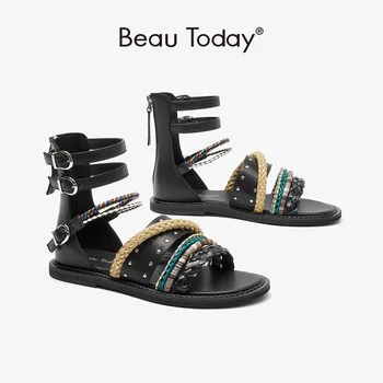 BeauToday 검투사 샌들 여성 오픈 발가락 커버 발 뒤꿈치 금속 장식 발목 버클 스트랩 플랫 캐주얼 여름 숙 녀 신발 07131