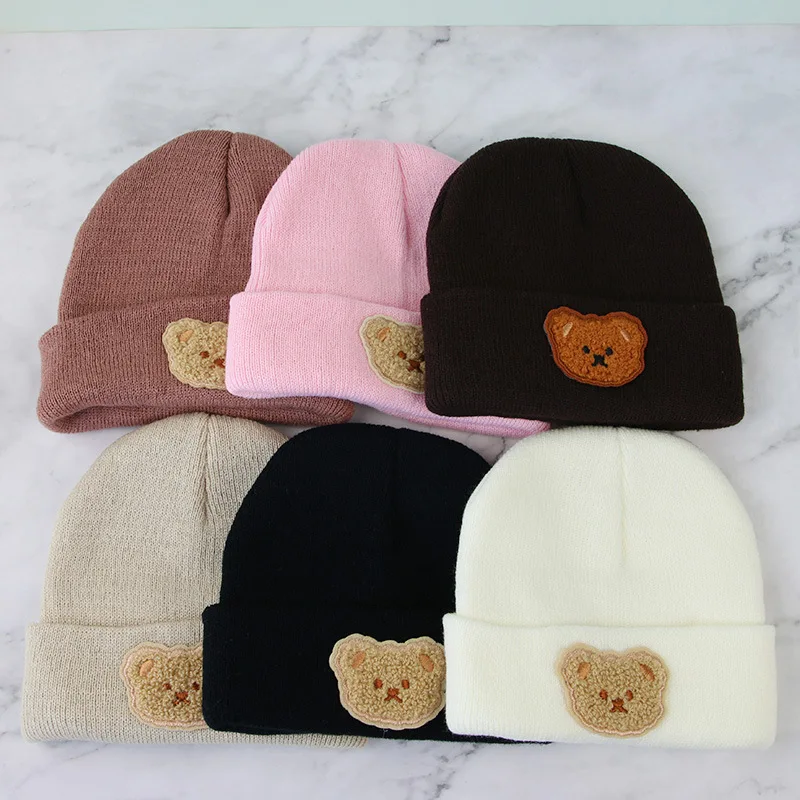 Korean Baby Autumn Winter Hat Cute Bear Knitted Warm Newborn Cap Infant Beanie Solid Color Baby Girl Boy Soft Crochet Hats baby hat knit hat