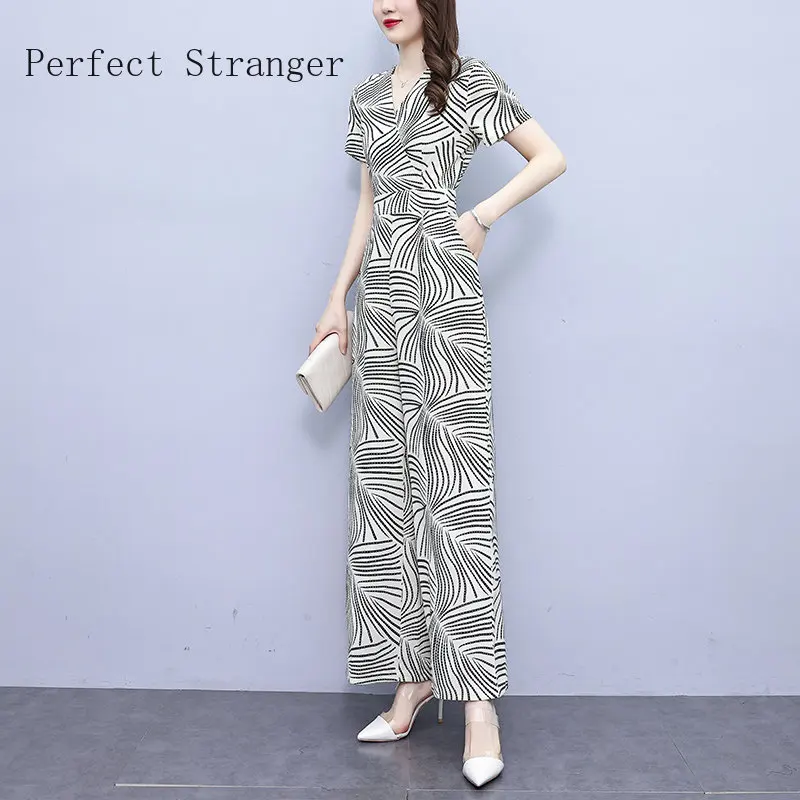 2025 Summer Women Casual Short Sleeve V-Neck Jumpsuits Ladies
