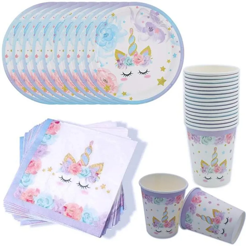 16pcs Unicorn Disposable Tableware Set Paper Plate Cups Napkins Unicorn