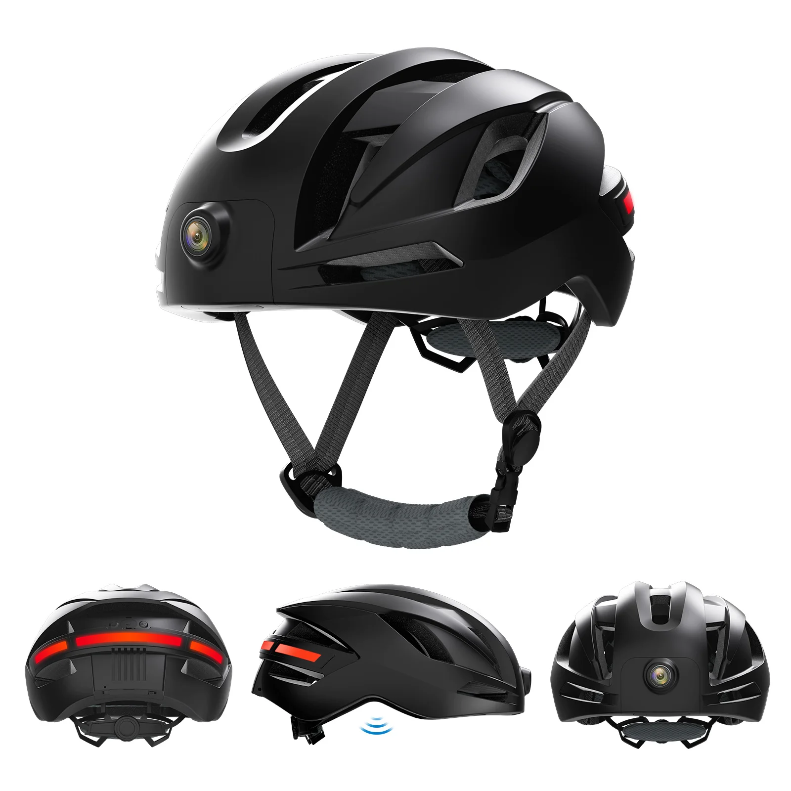 Caméra sport casque 1080P WiFi Bluetooth en main, montrant son design compact noir et blanc