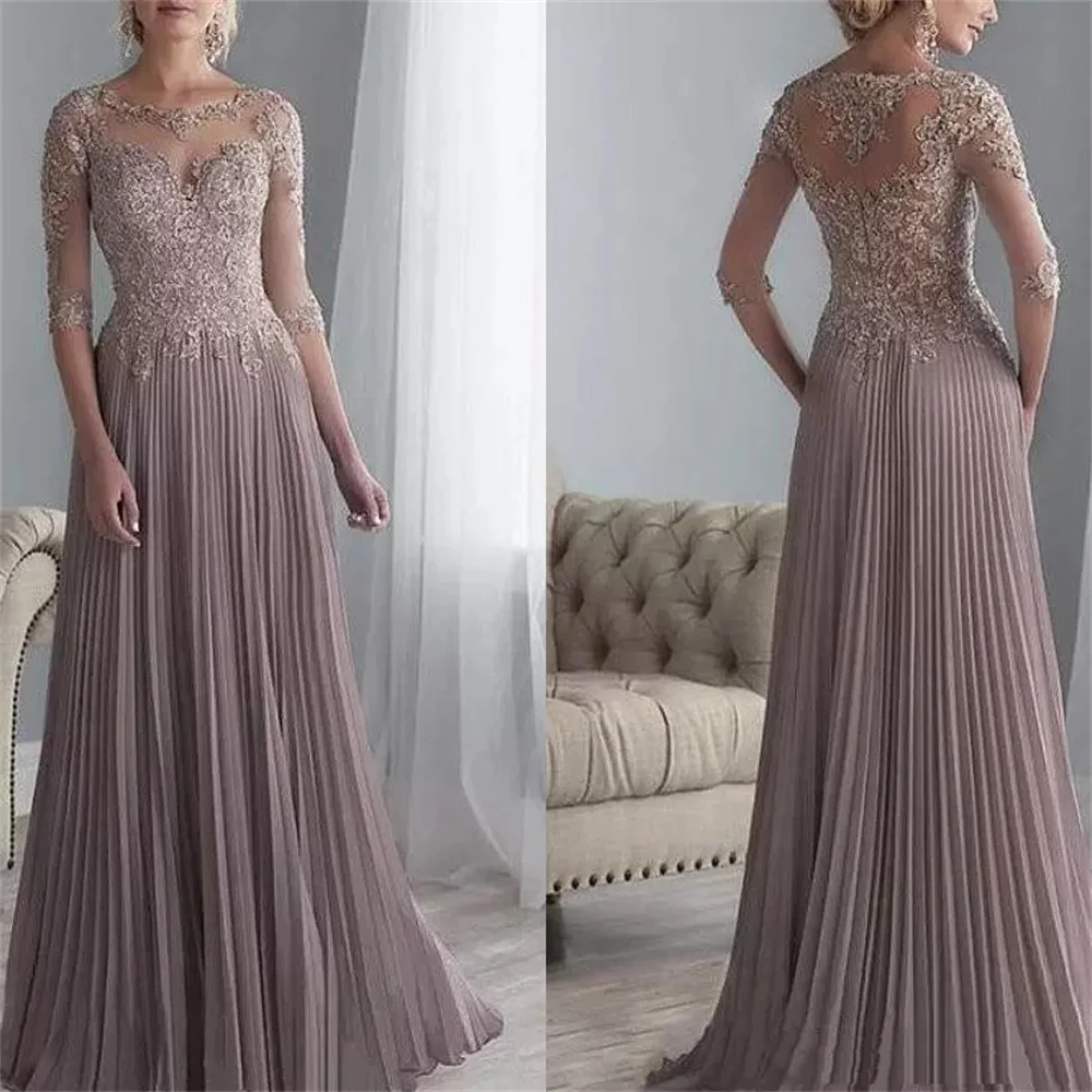 Mother Bride Dresses Chiffon Pleated Lace Applique A Line Mother Of The Groom Dress With 1/2 Sleeves Bride Long Wedding Gowns