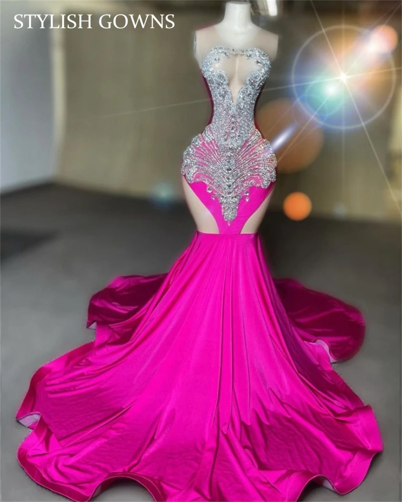 

Pink Sheer O Neck Long Prom Dress For Black Girls Beaded Crystal Diamond Birthday Party Dresses Mermaid Evening Gown Robe De Bal