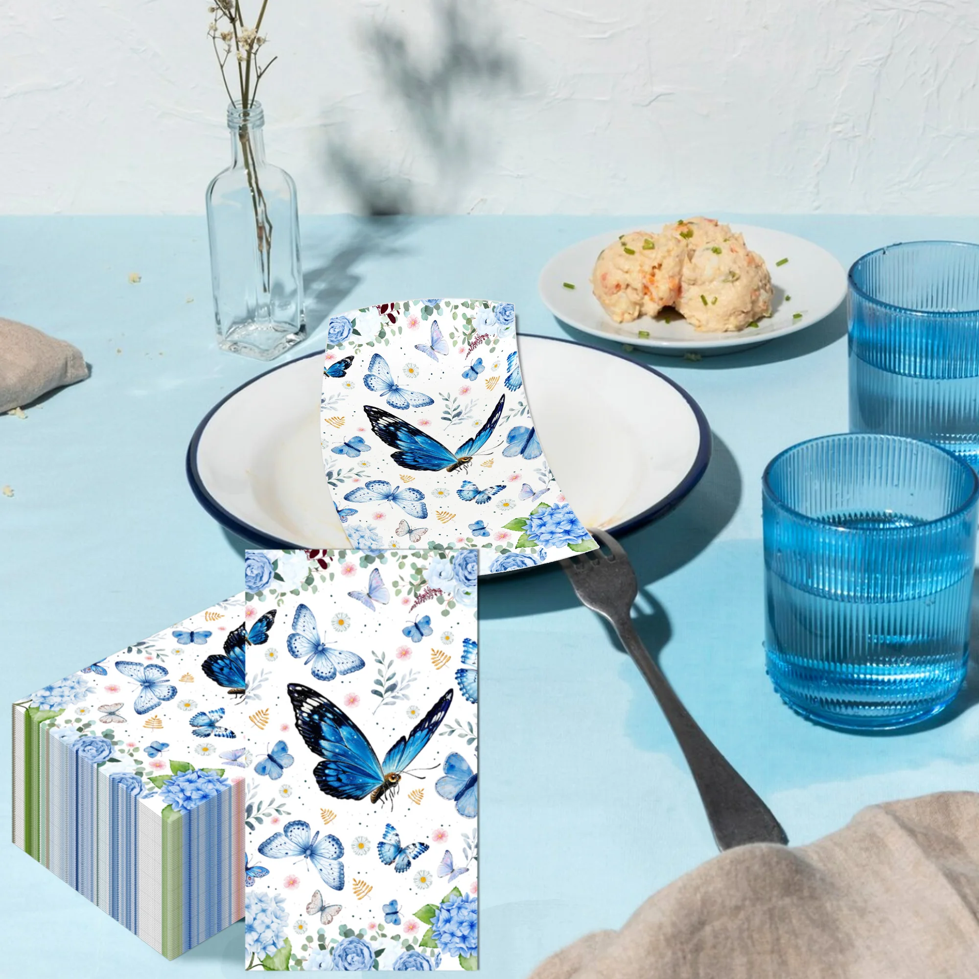20/40/60 stücke Blaue Blume Schmetterling Servietten Abendessen Papier Taschentücher Esstisch Dekor Für Geburtstag Dekoration Hochzeit Party liefert – Detail 10
