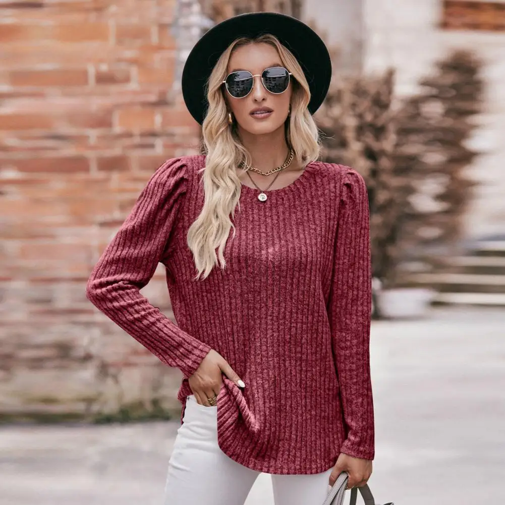 

Супермягкий женский топ, мягкая теплая Женская футболка средней длины с пузырьковым рукавом, удобный зимний топ с текстурой ниток и круглым вырезом