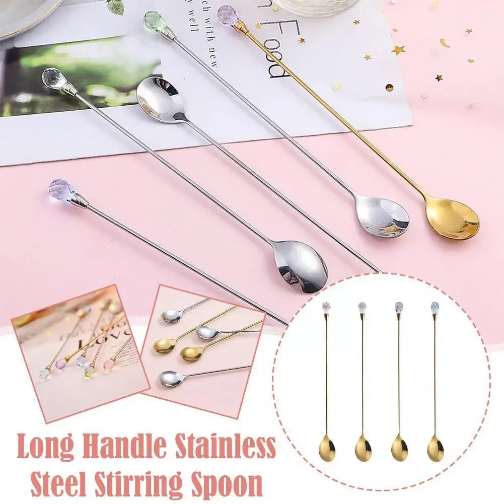 Long Handled Stainless Steel Stirring Spoon Creative Diamond Gold Color Dessert Spoon For Home Kitchen Coffee Stir 1Pcs stainless steel spoon