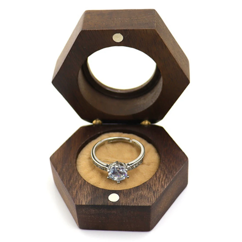 

Personalized Ring Packaging BoxHigh-end Wooden MaterialVelvet Lined Earring BoxGift BoxHexagonal Open Window Jewelry Storage Box