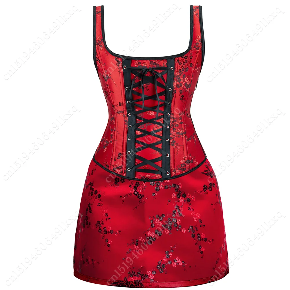Red Corset Dress Sexy Overbust Corset Floral Gothic Skirts for Women Red Satin Corset with Skirt Set Black Burlesque Dress