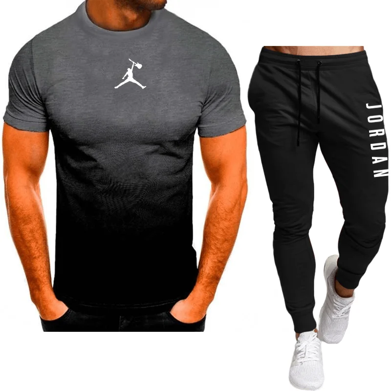 Summer sportswear set, 3D short sleeved T-shirt, long pants, lightweight, casual and fashionable men's clothing, sports and jogg