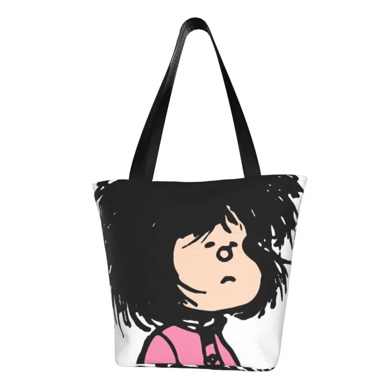 

Custom Mafalda Awaking Canvas Shopping Bags Women Portable Grocery Quino Argentina Cartoon Shopper Tote Bags