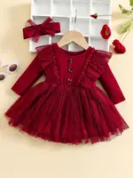 Two-Piece Baby Girl Romantic Small Flying Sleeve Long Sleeve Ruffled Mesh Dress + Bow Headscarf Spring And Autumn 6
