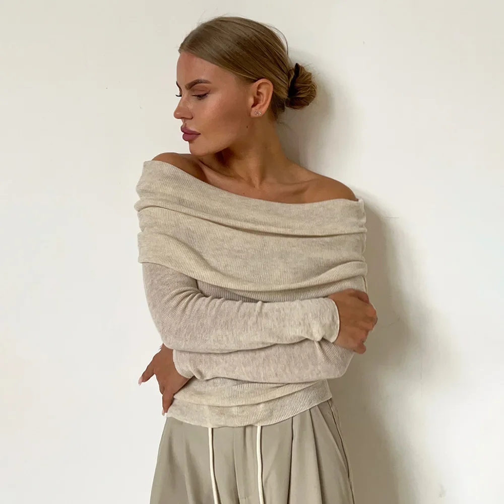 

Women Knitted Wool T-shirt Slim Fit Long Sleeve Autumn Winter Chic Off Shoulder Basic Sweater Streetwear Pullovers