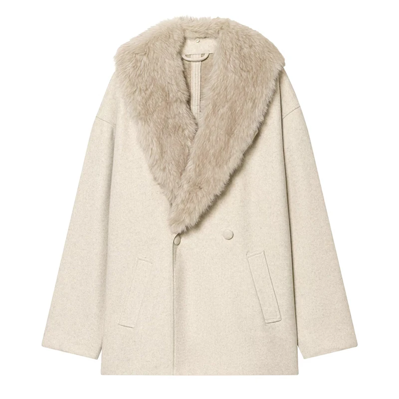 Women Woolen Jacket 2025 Autumn Winter Fur Collar Long Sleeve Women's Coat Belt Loose Female Casual Outerwear Retro Lady Tops