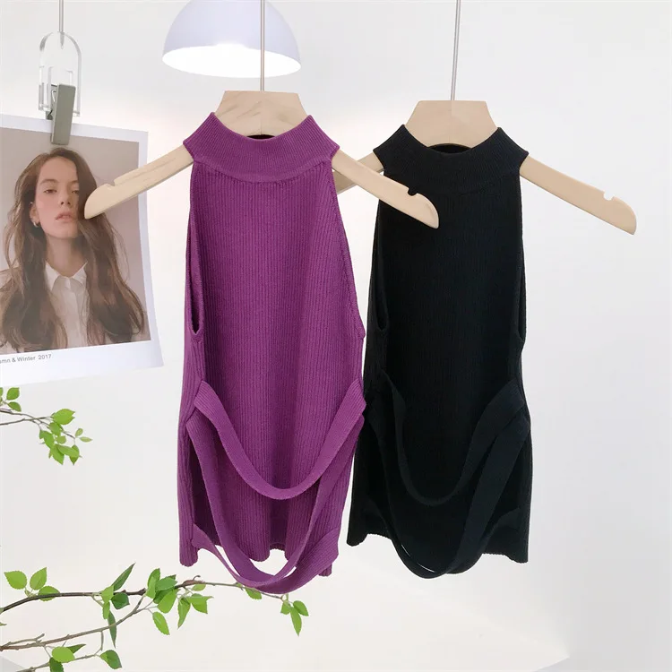 トップス mare Hight Neck Sleeve Less Knit Minda Knitted Sleeveless Sweater | Black – Âme antwerp