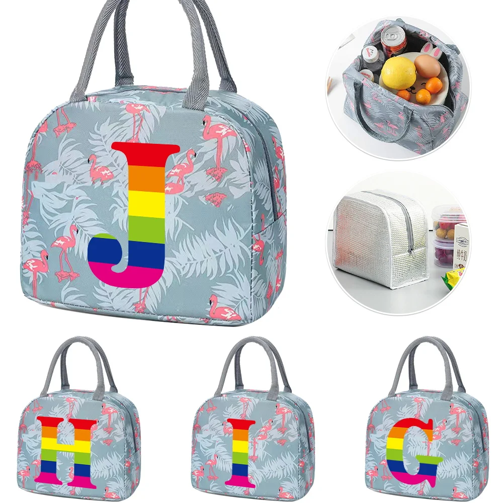 Insulated Portable Lunch Bag for Women Rainbow Letter Print Thermal Cooler Lunch Tote Office Work School Travel Picnic Food Bags canvas tote portable thermal lunch bag shopper storage travel bag 2022 new bear print for school office picnics eco bag
