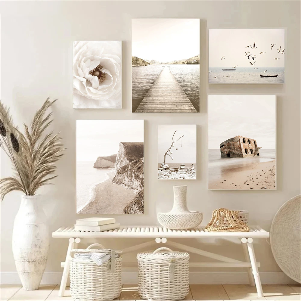 Sea Beach Beige Landscape Art Print Seagull Boat Bridge Poster Canvas Painting Flower Picture Nordic Poster Living Room Decor