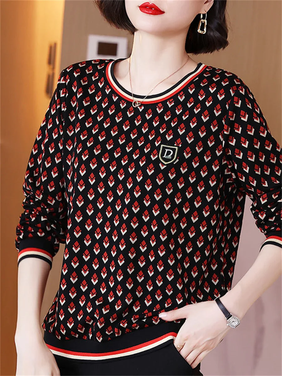 

4XL Women Spring Autumn Blouses Shirts Lady Fashion Casual Long Sleeve O-Neck Lattice Printing Blusas Tops TT2183