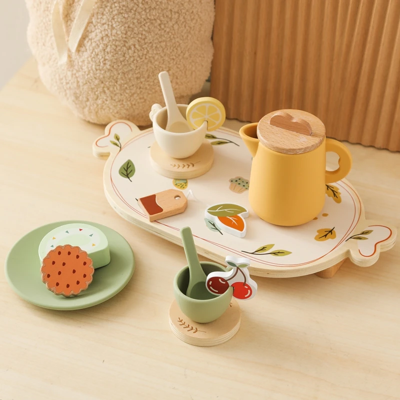 Baby Baby Play House Afternoon Tea Set Toys Coffee Machine Toy Wooden Model Children Play Simulation Coffee Cake Pretend Toys 3