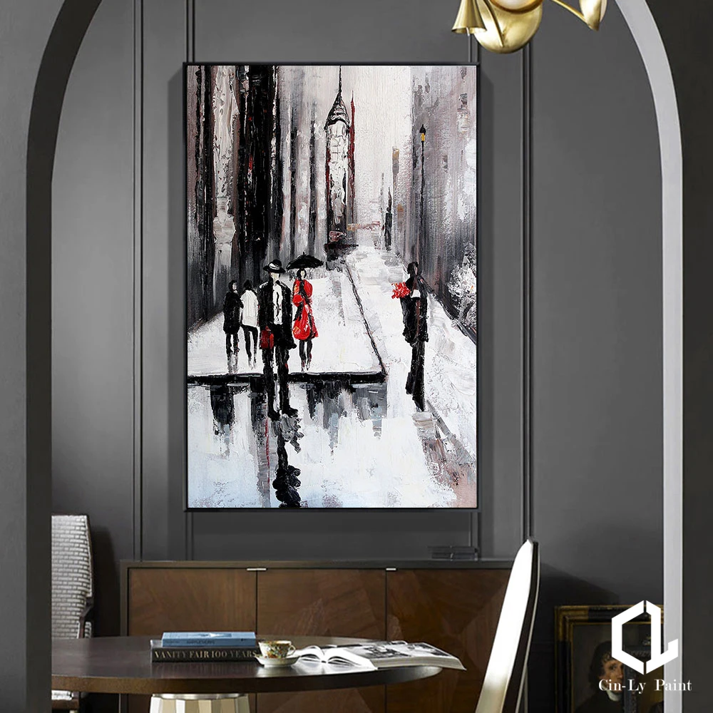 

Pure Handmade Black White Street Figure Oil Painting Landscape On Canvas Modern Wall Art Living Room Hotel Decor Hanging Mural