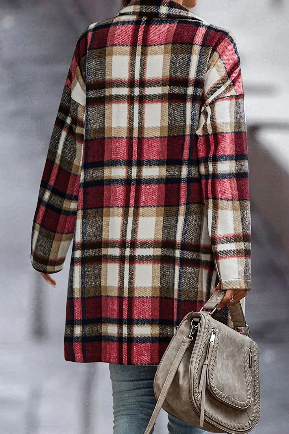 Autumn Winter Women's Lapel Pocket Plaid Wool Jacket Coat