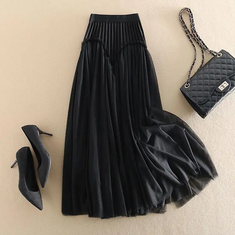 Elegant Women's Clothing Lace Spliced Mesh A-line High Waist Khaki Black Fashion Skirts Female 2024 Spring Summer