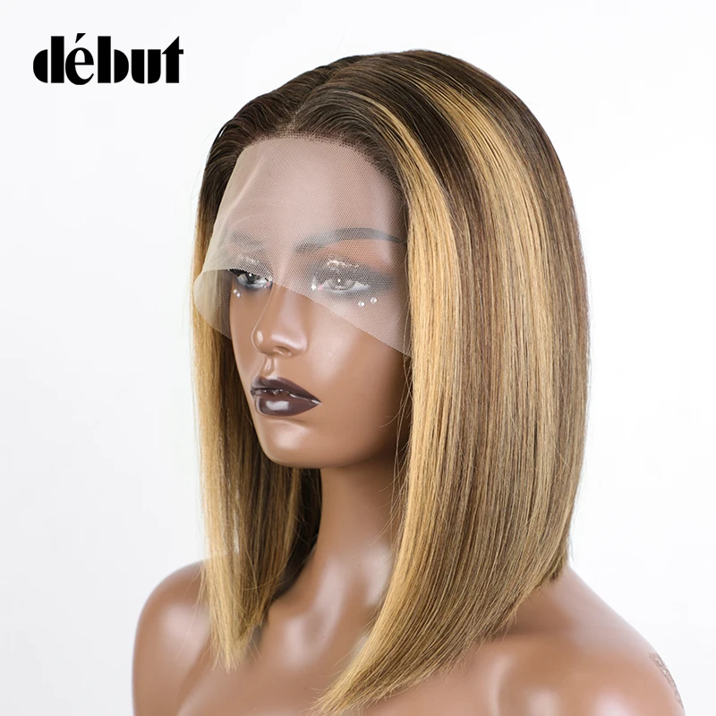 

Debut Highlight Bob Wig Ombre Honey Blonde Colored HD Glueless T Lace Human Hair Wigs Pre Plucked Bone Straight lace Bob Wig