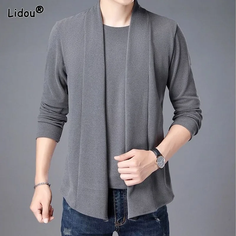 Spring Autumn Black Grey Knitted Cardigan Slim Handsome Double Faced Velvet Open Stitch Short Keep Warm Tops Skin Friendly Shirt