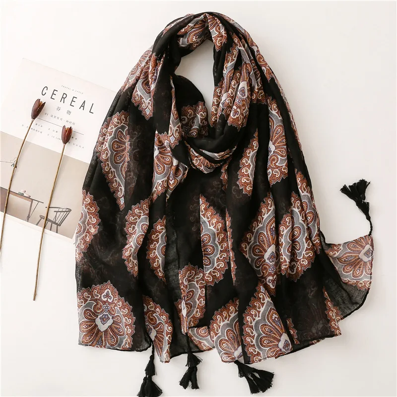 Women Luxury Fashion Brand Aztec Cashew Floral Viscose Shawl Scarf Lady Print Tassel Wrap Pashminas Sjaal Muslim Hijab 180*90Cm