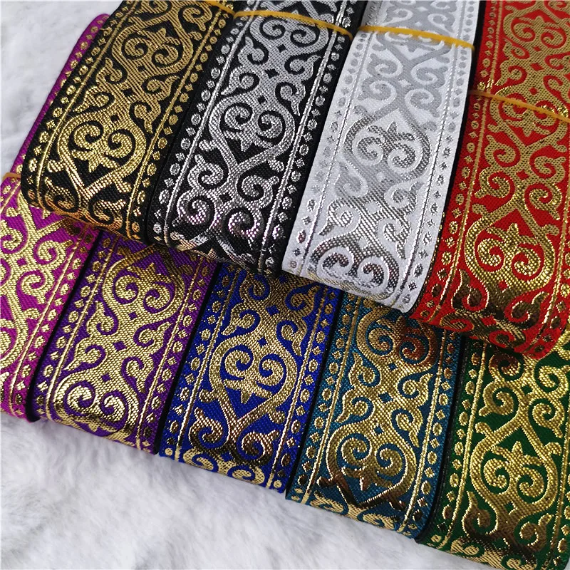 7 미터 33mm 골드 실버 빛나는 빈티지 민족 자수 리본 Boho 레이스 트림 DIY 의류 가방 액세서리 수 놓은 직물