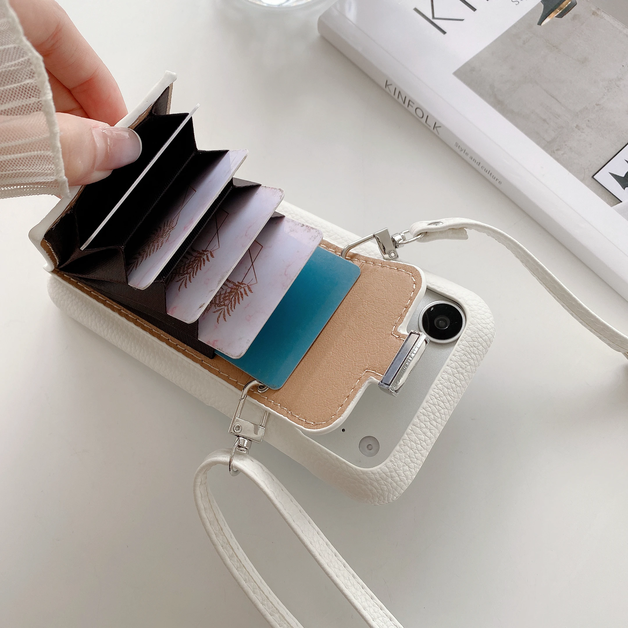 Elegant Leather Wallet Shoulder Strap Phone Case with Card Pocket and Lanyard Cover