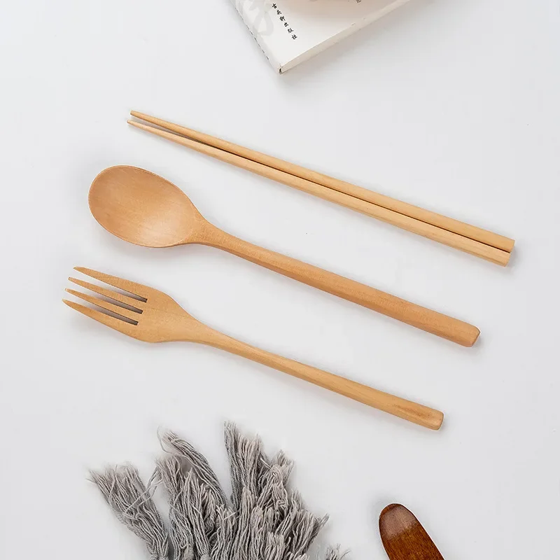 Wooden Spoon Kitchen Korean Style Natural Wood Soup Tableware Cooking Honey Coffee Spoon Mixing Chopsticks Forks Portable Set