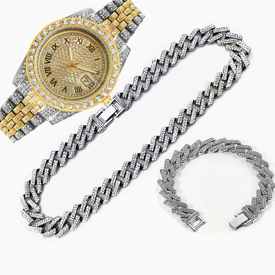 3pcs Luxury Iced Out Watch for Men Hip Hop Miami Bling Cuban Chain 15mm Necklace Watches Men Jewelry Set Gifts Religio Masculino