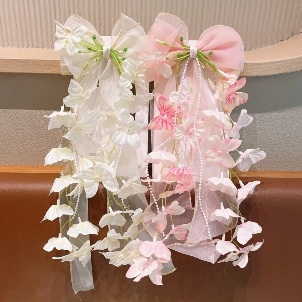 오버사이즈 점보 오간자 리본 비즈 장식 메쉬 소재 소녀용 꽃무늬 헤어핀 이중 레이어 수제 꽃 장식