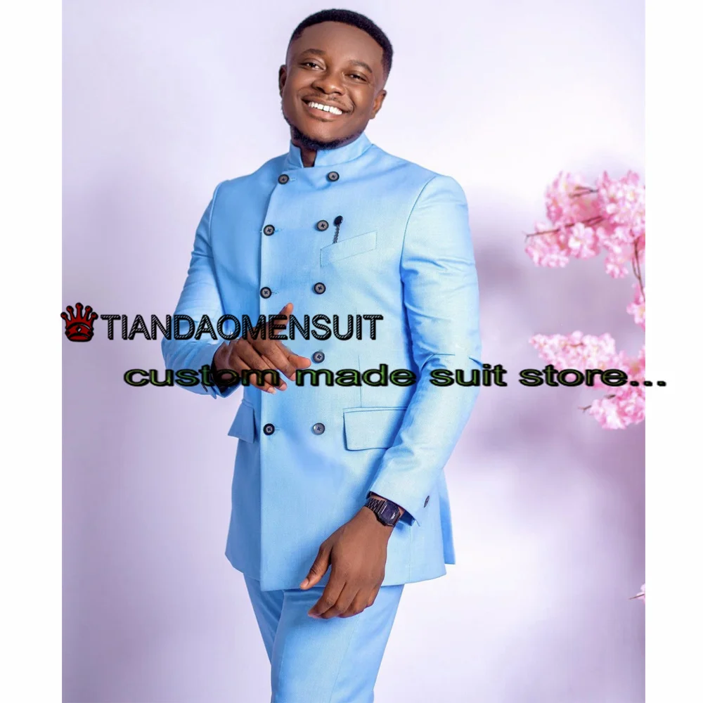 

Sky Blue Men's Suit Two Piece Double Breasted Jacket Set Formal Wedding Groom Tuxedo Slim Fit Blazer Pants