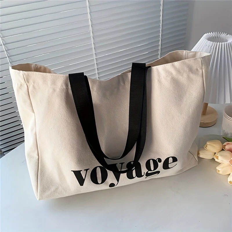 Large Canvas Tote Bag For Women With Voyage Lettering Casual Handbag Shoulder Bag Perfect For Travel Shopping Durable School Bag