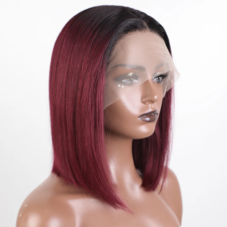 Short Bob Human Hair Wigs For Women 99j Red Ombre Colored Lace Front Wigs With Bangs 13X6X1 Straight HD Lace Brazilian Hair Wigs