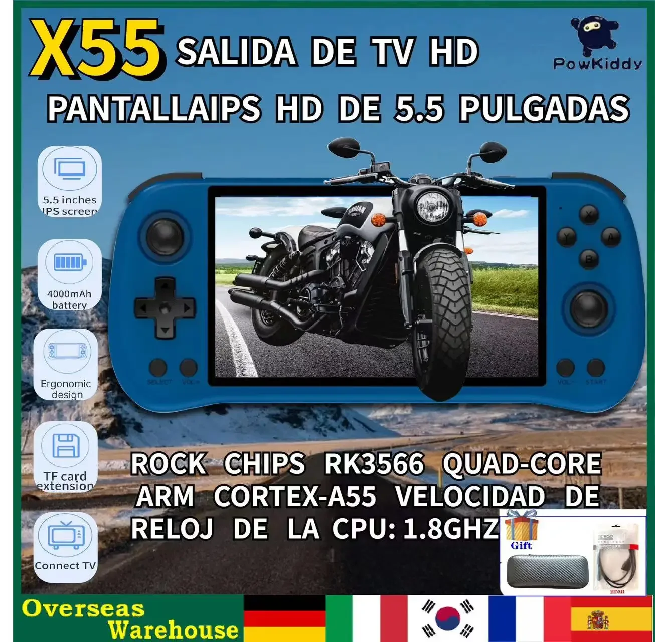 512Gb Powkiddy X55 Rk3566 Opensource Schermo Ips Da 5.5 Pollici Console Di Gioco Portatile Sistema Linux 4000Mah Tv Hdmi Lpddr4X 90000 Giochi