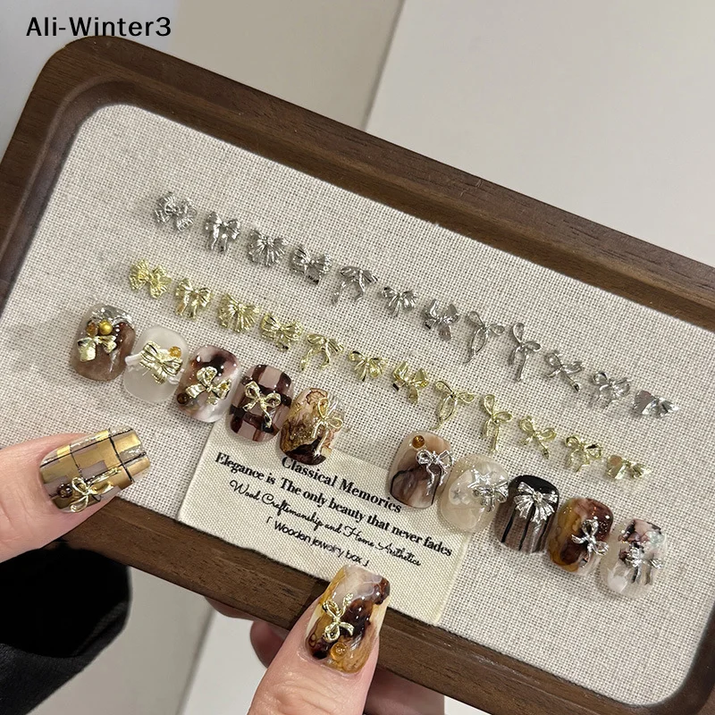 50개 골드/실버/화이트 메탈 합금 리본 보우 매니큐어 장식 3D 럭셔리 메탈 보우 매니큐어 부품 매니큐어 액세서리