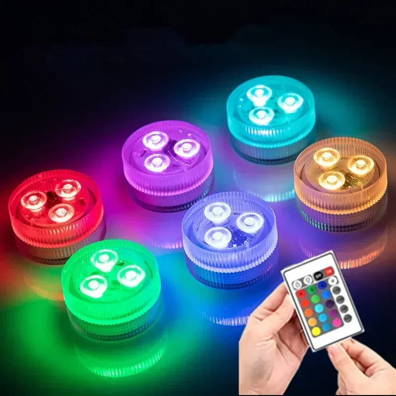 Luce subacquea colorata a 3 LED con telecomando alimentata da batteria a bottone, impermeabile, per decorazioni per feste in piscina - immagine 3