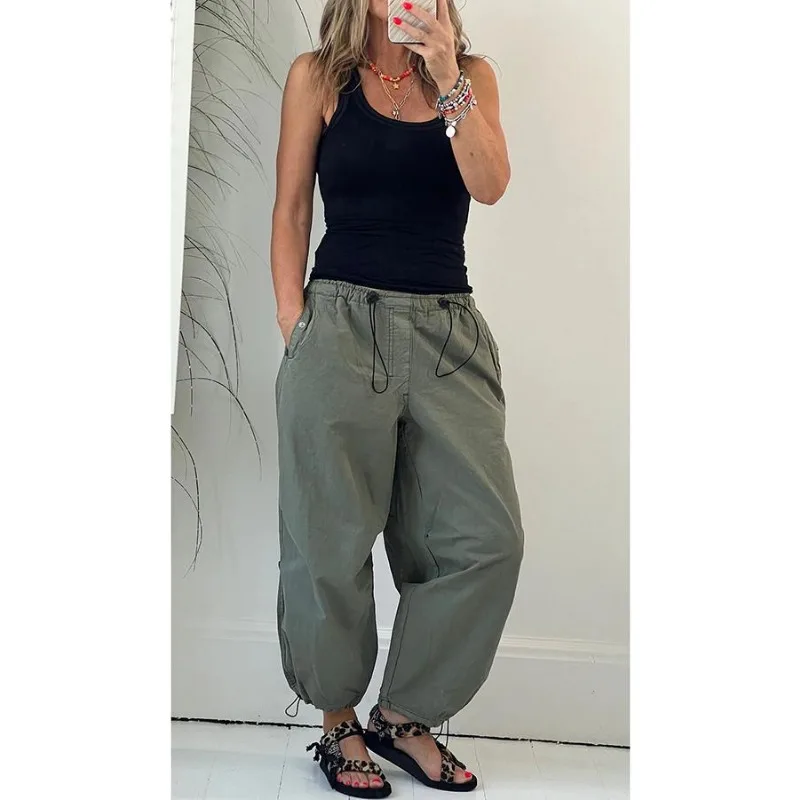 

Elegant Sport Fashion Drawstring Mid Waist Pencil Cargo Pants Y2K Clothes Streetwear Casual Women Loose Pocket Pants