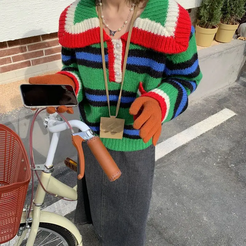 

Vintage Green Red Striped Sweater Women Loose Autumn Winter Turn-down Collar Long Sleeve Pocket Knit Pullover Outwear Aesthetic