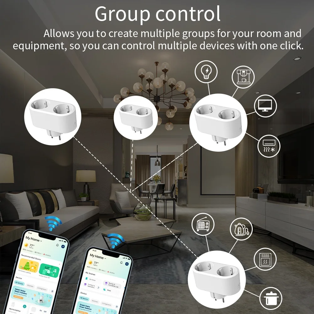 Tuya WiFi 듀얼 콘센트 16A APP 스마트 플러그 2 in 1 소켓 EU, 에너지 계량 타이머 기능 포함 Alexa Google 제어와 함께 작동
