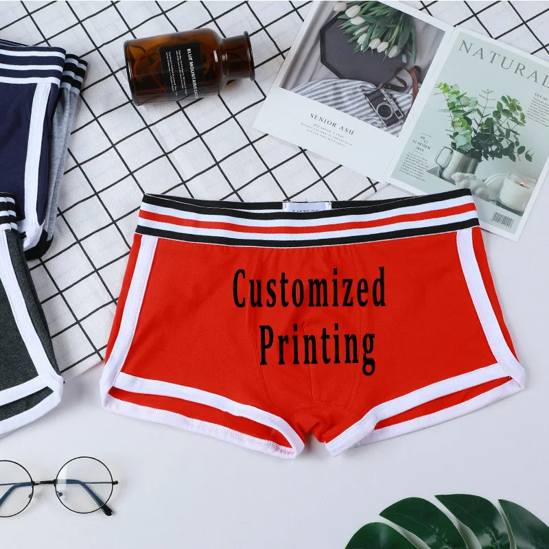 Personalized Printing Male Trunks Comfortable Cotton Boxer Shorts for Men Customized  Underwear Black Gray Blue Red