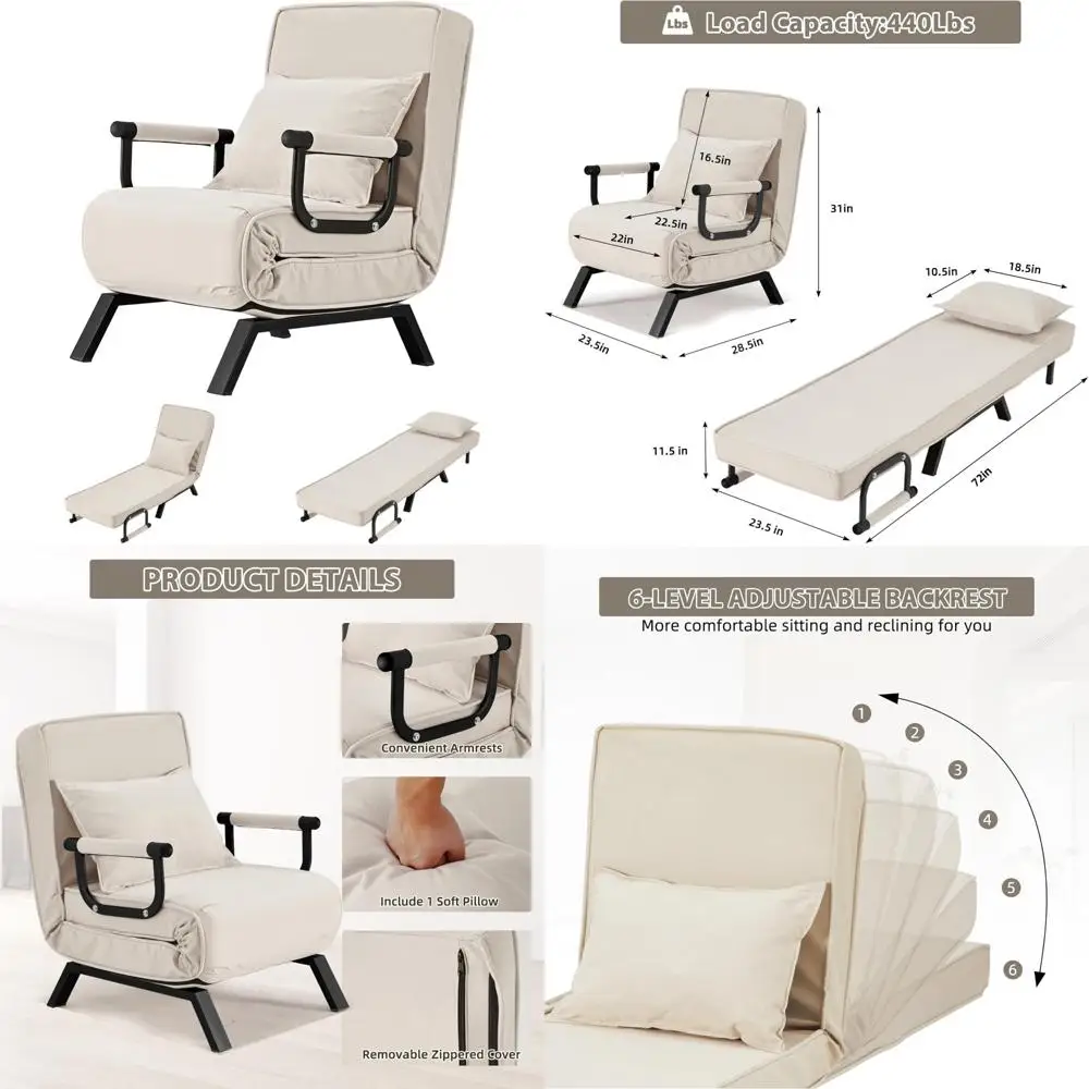 Convertible Single Person Sofa Bed with Adjustable Chaise Lounge and Folding Armchair, featuring Pillow and 5 Settings