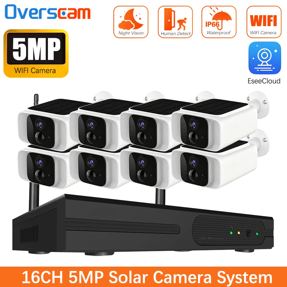 16CH WIFI NVR 태양광 카메라 시스템 야외 WiFi 태양광 보안 카메라 5MP 키트 PIR 감지 세트 통합 배터리 EseeCloud