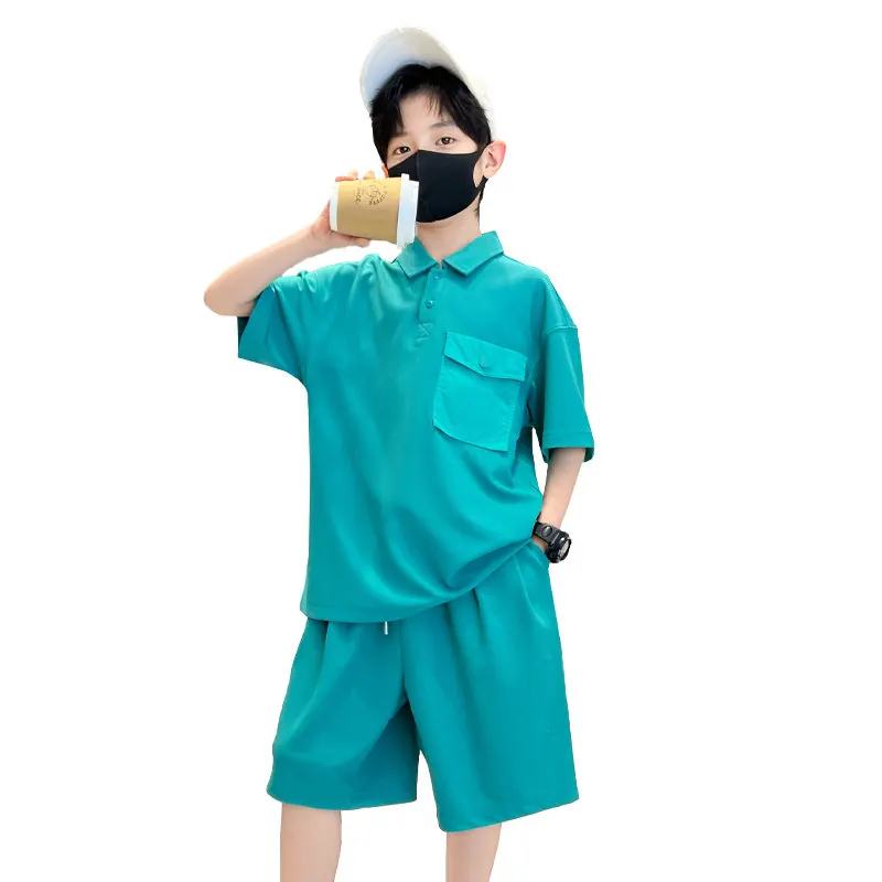 

Fashion Boys Clothing Sets Blue White Color Tshirts + Shorts Two Piece Korean Cool Loose Outfits for Teenage Kids 5-14Years Old