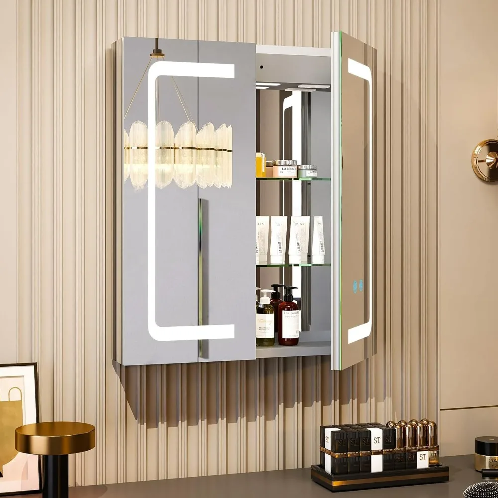 Lighted Medicine Cabinet with Mirror, 28x24 Aluminum Mirrored Cabinets for Bathroom Recessed or Wall Mount,Automatic Inner Light