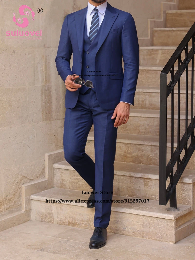 Classic Navy Blue Slim Fit Suits For Men 3 Piece Pants Set Formal Dinner Groom Wedding Tuxedos Blazer Costume Homme Pour Mariage