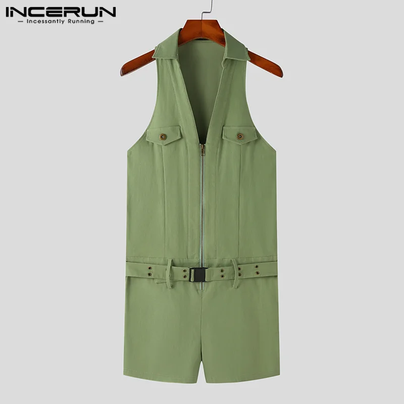 Fashion Casual Style Men Hommwear Bodysuits Tight V-neck Zipper Rompers INCERUN Solid Flat Angle Sleeveless Lapel Jumpsuit S-5XL